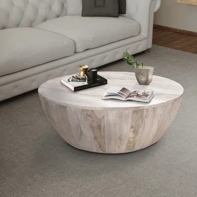 Hivvago 36 Inch Round Mango Wood Coffee Table, Subtle Grains, Distressed White In Neutral