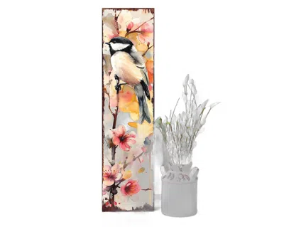 Hivvago 36" Ivory Peach And Pink Solid Wood Floral Bouquet Chickadee Birds Porch Sign In Multi