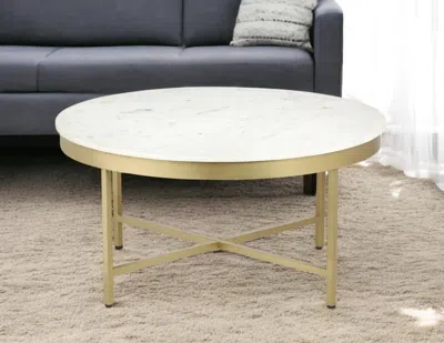 Hivvago 36" White And Gold Genuine Marble And Steel Round Coffee Table