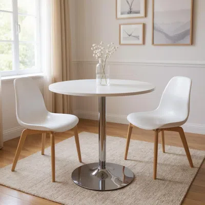 Hivvago 36" White And Silver Wood And Metal Pedestal Base Round Top Dining Table