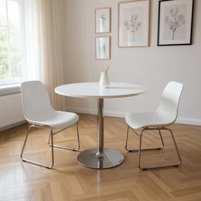 Hivvago 36" White And Silver Wood And Metal Pedestal Base Round Top Dining Table