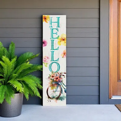 Hivvago 36" White And Turquoise Hello Solid Wood Porch Sign