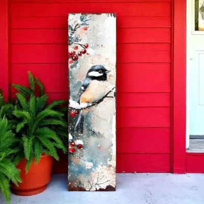 Hivvago 36" White Black And Red Christmas Chickadee Solid Wood Porch Sign In Multi