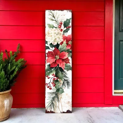 Hivvago 36" White Green And Red Christmas Poinsettia Solid Wood Porch Sign In Multi