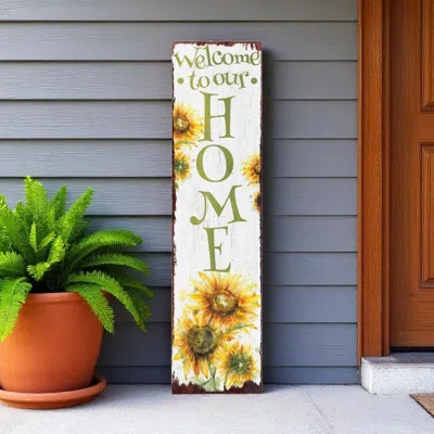 Hivvago 36" White Green And Yellow Sunflowers Solid Wood Welcome Porch Sign In Multi