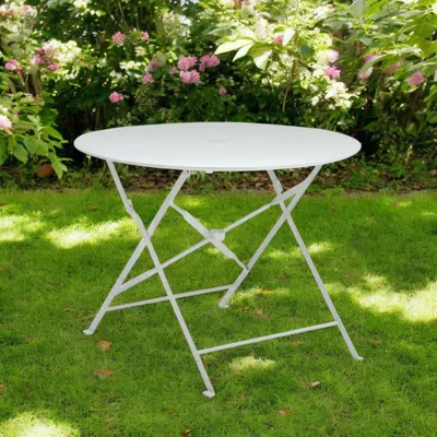 Hivvago 36" White Rounded Aluminum Folding Outdoor Dining Table With Umbrella Hole