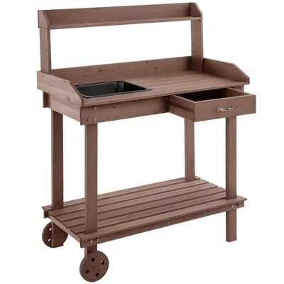 Hivvago 36" Wooden Potting Bench With Wheels & Sink In Brown
