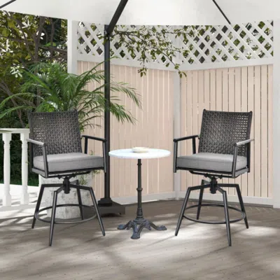 Hivvago 360 Degree Swivel Bar Stool Set Of 2 With Metal Frame And Pe Rattan Backrest-black In Gray
