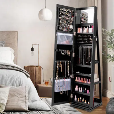 Hivvago 360â° Rotatable 2-in-1 Lockable Jewelry Cabinet With Full-length Mirror-black