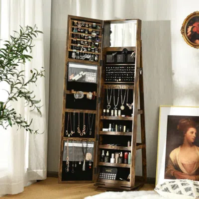 Hivvago 360â° Rotatable 2-in-1 Lockable Jewelry Cabinet With Full-length Mirror-rustic Brown