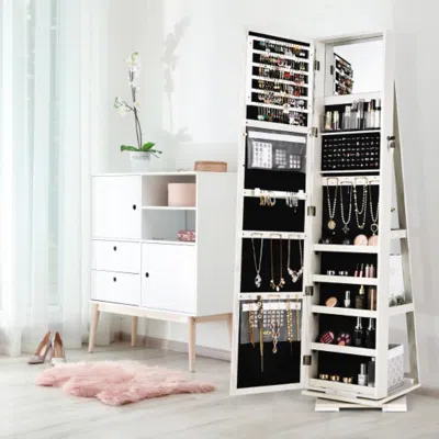Hivvago 360â° Rotatable 2-in-1 Lockable Jewelry Cabinet With Full-length Mirror-white