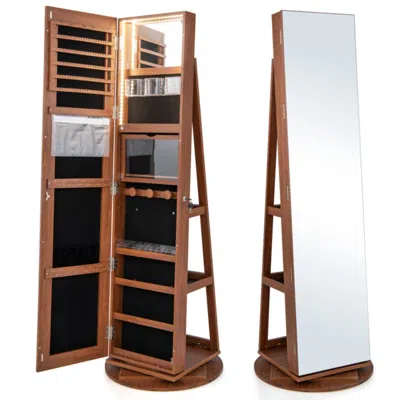 Hivvago 360â° Rotating Mirrored Jewelry Cabinet Armoire 3 Color Led Modes Lockable-dark Brown