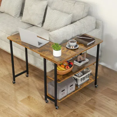 Hivvago 360â° Rotating Sofa Side Table With 2-tier Storage Shelves-brown