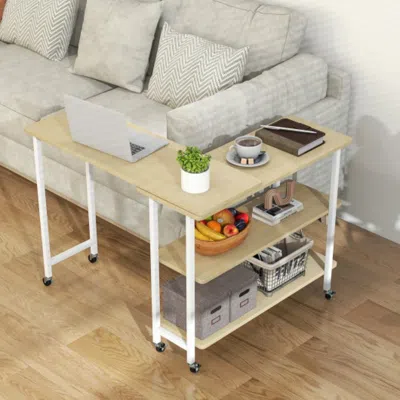 Hivvago 360â° Rotating Sofa Side Table With 2-tier Storage Shelves-natural