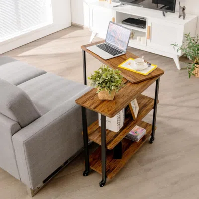 Hivvago 360â° Rotating Sofa Side Table With Storage Shelves And Wheels-brown