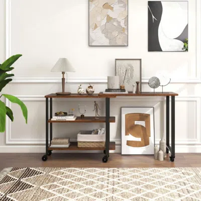 Hivvago 360â° Rotating Sofa Side Table With Storage Shelves And Wheels-rustic Brown