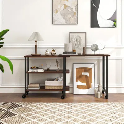 Hivvago 360â° Rotating Sofa Side Table With Storage Shelves And Wheels-walnut