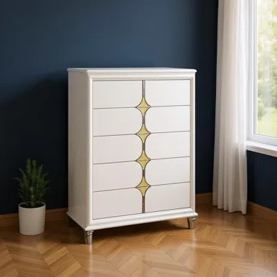 Hivvago 37" Gold Wood Five Drawer Dresser In White