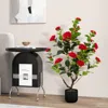 Hivvago 38 Inch Artificial Camellia Tree Faux Flower Plant In Cement Pot-white