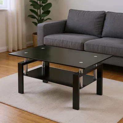 Hivvago 39" Black Glass And Steel Coffee Table With Shelf