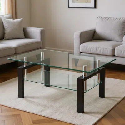 Hivvago 39" Clear And Black Glass And Steel Coffee Table With Shelf In Brown