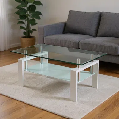Hivvago 39" Clear And White Glass And Steel Coffee Table With Shelf