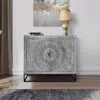 Hivvago 39 Inch Handcrafted Accent Cabinet With 2 Doors, Medallion Engraved, Sandblasted Gray Mango Wood, Bl In Gray