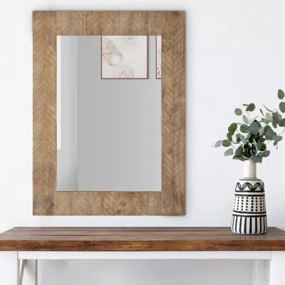 Hivvago 39 Inch Wood Frame Wall Mirror, Chevron Design, Brown