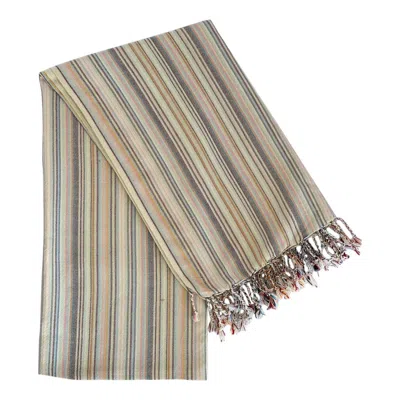 Hivvago 39" X 71" Beige And Pink Cotton Striped Turkish Towel Throw Blanket With Tassels In Multi