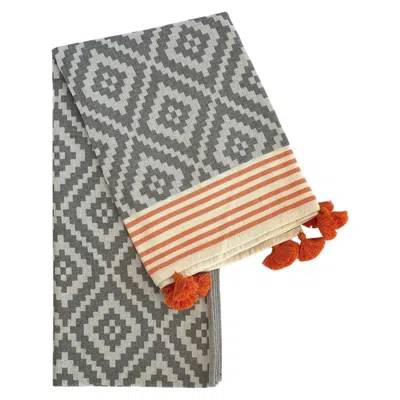 Hivvago 39" X 71" Gray And Orange Cotton Geometric Turkish Towel Throw Blanket With Tassels