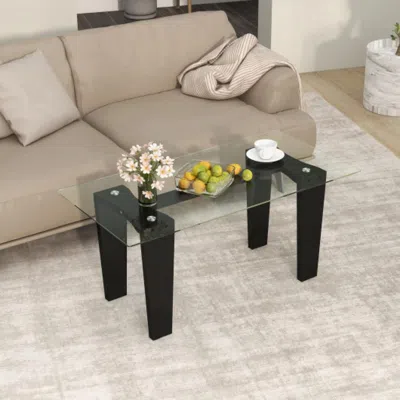 Hivvago 39.5 Inch Glass Coffee Table Modern Rectangular Center Table With Solid Rubber Wood Legs-black