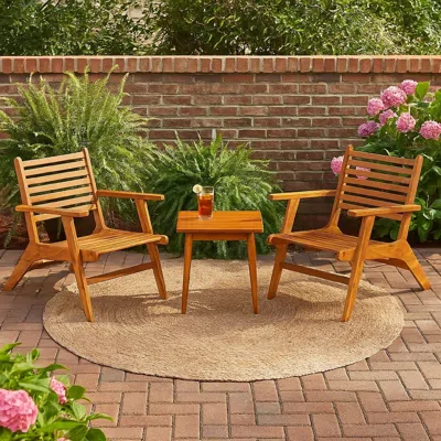 Hivvago 3pc Outdoor Tea Table Set, 2 Chair, Slatted Solid Brown Acacia Wood
