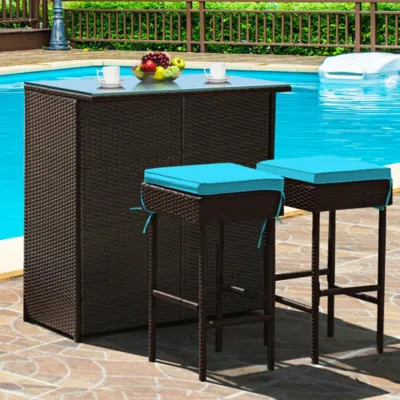 Hivvago 3pcs Patio Rattan Wicker Bar Table Stools Dining Set-turquoise In Black