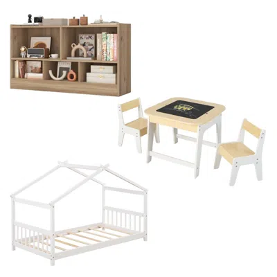 Hivvago 3-piece Kid's Room Bundle: Twin Size Wooden House Bed + Kid's Table And Chairs Set + Kids 2-shelf Bo