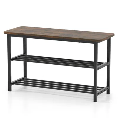 Hivvago 3-tier Shoe Rack Shoe Bench With Metal Slat Shelves And Long Wooden Seat In Black