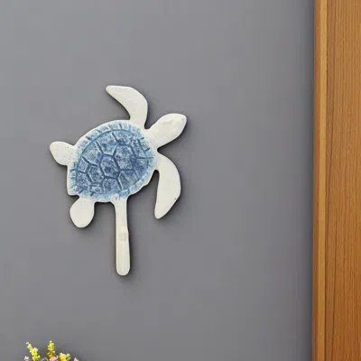 Hivvago 4" Blue And White Cast Iron Turtle Wall Hook In Gray