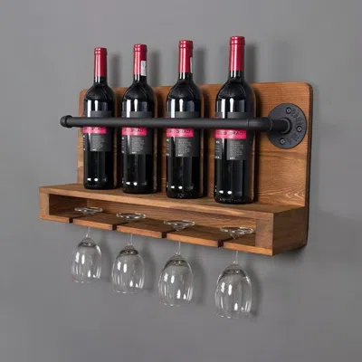 Hivvago 4 Bottle Rustic Farmhouse Wall Mounted Wine Rack With Glass Holder In Black