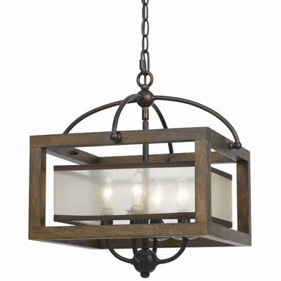 Hivvago 4 Bulb Semi Flush Pendant With Wooden Frame And Organza Striped Shade,brown