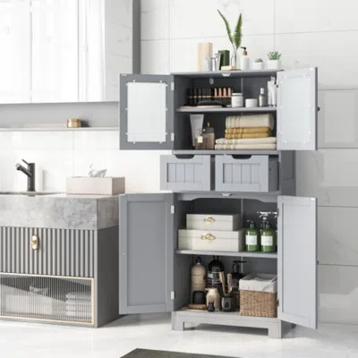 Hivvago 4 Door Freee-standing Bathroom Cabinet With 2 Drawers And Glass Doors-gray