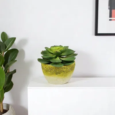 Hivvago 4" Green Succulent Artificial Succulent In A White And Yellow Pot