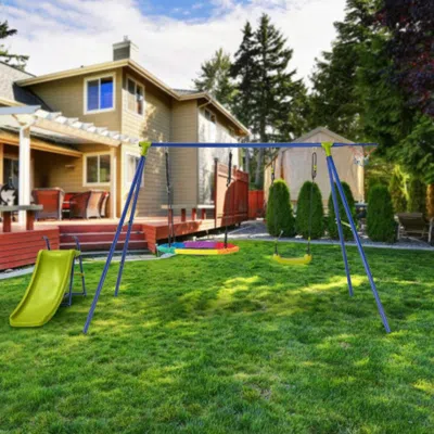 Hivvago 4-in-1 Heavy-duty Metal Playset With Slide And Basketball Hoop In Brown