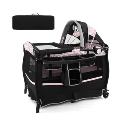 Hivvago 4 In 1 Portable Pack And Play Baby Nursery Center With Bassinet-pink In Black