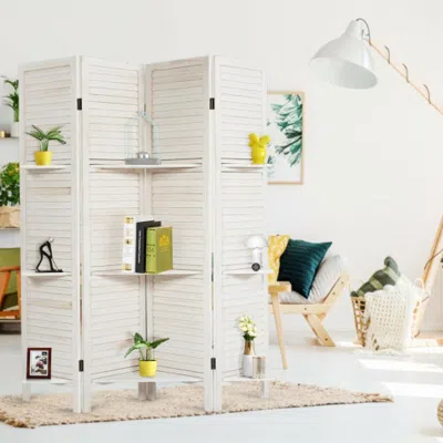 Hivvago 4 Panel Folding Room Divider Screen With 3 Display Shelves-white