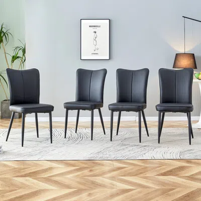 Hivvago 4 Pcs Faux Leather Upholstered Curved Back Dining Chairs With Metal Base - Black