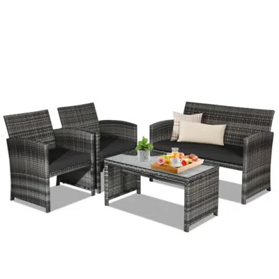 Hivvago 4 Pcs Patio Rattan Furniture Set Top Sofa With Glass Table-white In Blue