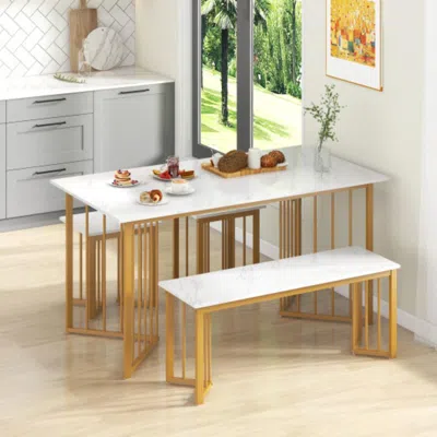 Hivvago 4 Piece Dining Table Set With Bench And 2 Stools-white
