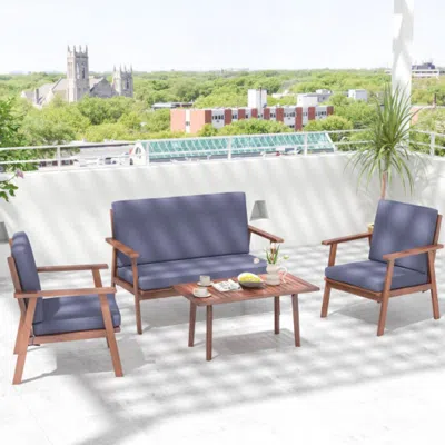 Hivvago 4 Piece Outdoor Acacia Wood Conversation Set With Soft Seat And Back Cushions-gray In Blue