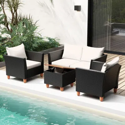 Hivvago 4 Piece Outdoor Conversation Set With Storage Coffee Table-white