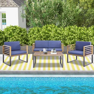 Hivvago 4 Piece Patio Acacia Wood Conversation Set With Soft Seat-navy In Blue