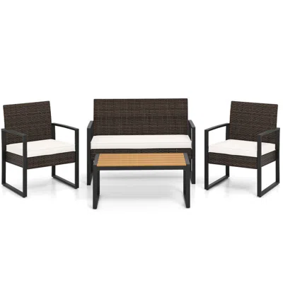 Hivvago 4 Piece Patio Furniture Set Outdoor Rattan Conversation Set With Cushioned Chairs And Wood Plastic C In Brown